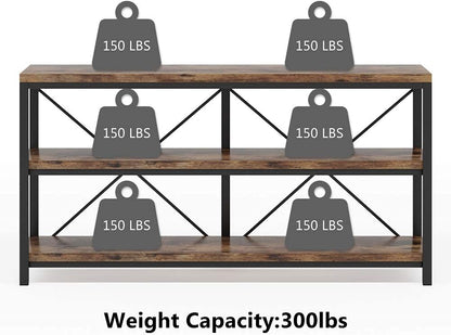 Tribesigns 55 Inches Long Sofa Table with Storage Shelves, 3 Tiers Industrial Rustic Console Table with Open Shelves, Three Decorative Shelf, Open TV Shelf for Living Room, Hallway, Book