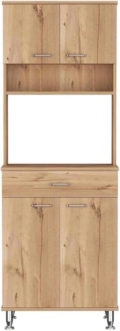 60" Freestanding Kitchen Panty Solid Wood Food Pantries with Storage Shelf & Open Countertop, Tall Buffet Cabinet Kitchenware Server with Microwave Stand & Silver Metal Handles (Beige)