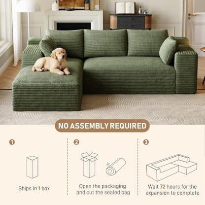 ONEMMLION 96" L-Shaped Cloud Couch Sofa with Chaise, Green | Corduroy Comfy Fluffy Modular Deep Seat Memory Foam Compressed Sectional Sofa for Living Room Oversized Left Facing Chaise
