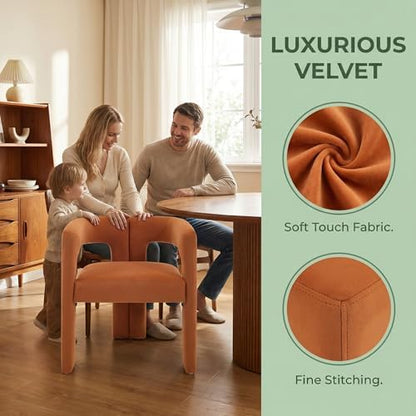 VESCASA Modern Barrel Dining Chairs Set of 4 with Open Back, Orange Velvet | Comfortable Upholstered Dining Room Chairs, Sturdy Solid Wood Legs, Accent Kitchen Armchairs for Living Room, Home, Apartment
