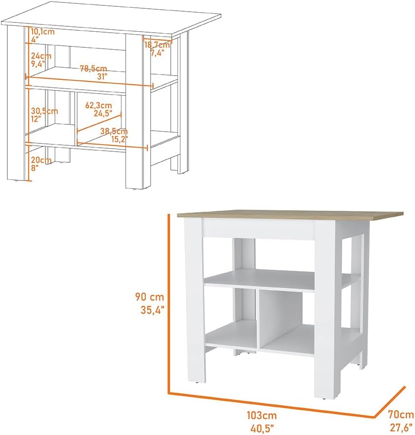 Modern Beige Kitchen Island with Resistant Top and Storage Shelves | Three low open shelves for extra storage space