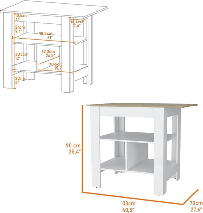 Modern Beige Kitchen Island with Resistant Top and Storage Shelves | Three low open shelves for extra storage space