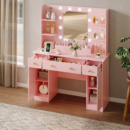 HUANLEGO Vanity Desk with Mirror and Lights, Makeup Vanity with Mirror and LED Lights & Power Outlet, 3 Drawers and Cabinets, 3 Lighting Modes Dressing Table Set for Girls Women Bedroom,Pink