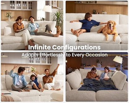 115" Oversize Corduroy Modular Sectional Sofa Couches for Living Room,White | Washable Couch with Fully Removable Cover, Cloud Couch Sectional, 5 Seater with Ottoman, Corner & V-Shaped