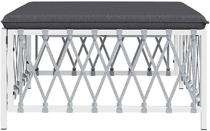 Patio Footstool with Cushion, White Woven Fabric Garden Ottoman, Powder-Coated Steel Frame, Thickly Padded Seat, Modular Design for Outdoor Lounge