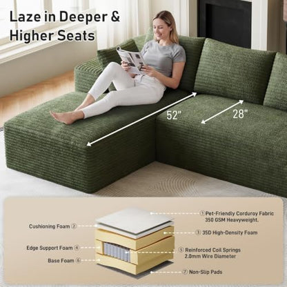ONEMMLION 96" L-Shaped Cloud Couch Sofa with Chaise, Green | Corduroy Comfy Fluffy Modular Deep Seat Memory Foam Compressed Sectional Sofa for Living Room Oversized Left Facing Chaise