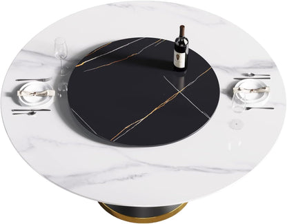 Montary 59” Modern Round Dining Table for 8, Artificial Marble Kitchen Table with Carrara White Sintered Stone Tabletop & Black Gold Lazy Susan, Black Slim Waist Carbon Steel Base