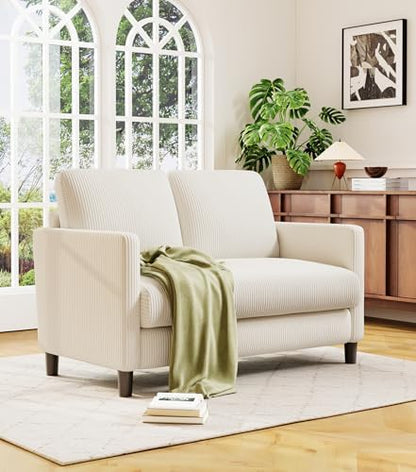 Welzona Loveseat, 51" Small Couch, Corduroy Love Seat, Small Loveseat Sofa | Comfy Corduroy Fabric, Tool-free Setup, Washable Covers, All-wood Small Sofa Couch for Living Room, Bedroom, Beige