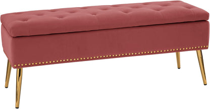HULALA HOME Modern Velvet Storage Ottoman Bench with Gold Base & Nailhead Trim, Upholstered Bedroom Bench for End of Bed, Button-Tufted Footstool for Entryway Living Room Dining Room, Rosewood