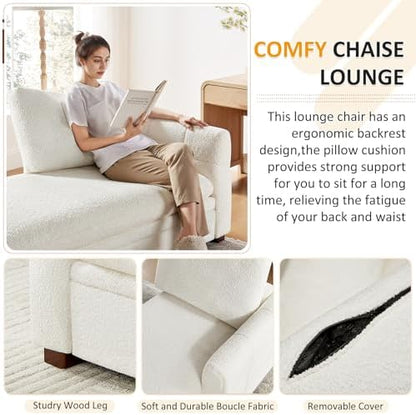 VANOMi Oversized 70.47'' Chaise Lounge Chair with Storage, Boucle White | Upholstered Sofa Bed with Thick Cushion, Left Armrest, Leisure Recliner Chair for Living Room, Bedroom, Indoor, Back Pillow