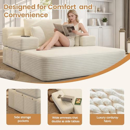 60.2 Inch Chaise Lounge Chair Indoor, Oversized Chaise Lounge with Adjustable Backrest and Armrests, Luxurious Corduroy Convertible Sofa Bed with Storage Pocket for Small Spaces, Apartment (Beige)