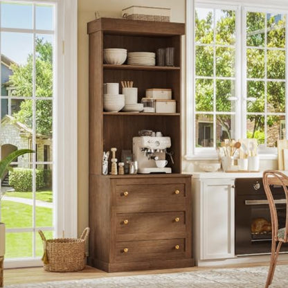 71" Farmhouse Kitchen Pantry Cabinet with Drawers, Set of 2 – Dark Brown Freestanding Coffee Bar Hutch with Adjustable Shelves, Large Storage Cabinet with Microwave Stand for Living Room & Kitchen