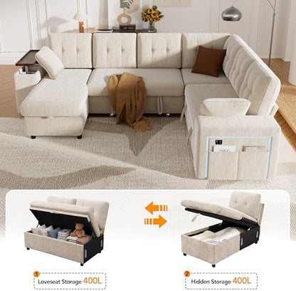 Vipbear 112" Modular Sectional Sleeper Sofa with Pull Out Bed, Chenille Modern 7 Seat L Shaped Couch with Reclining Backrest/LiftTop Storage Chaise Armrests/USB/LED Light/Tool-Free Assembly, Beige