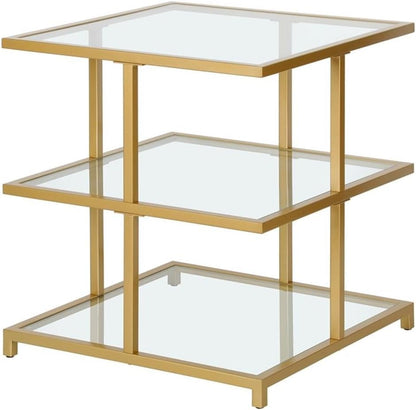 Pemberly Row Contemporary 22" Gold Finish Side Table, Handcrafted Metal Frame, Tempered Glass Shelves, Cantilevered Design, Modern Accent Table for Living Room, Family Room or Bedside