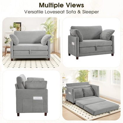 51" Convertible Loveseat Sofa Bed, 2-in-1 Folding Sofa Bed with 2 Pillow for Small Spaces, Modern Loveseat Sleeper Couch for Apartment, Living Room & Guest Room (Light Grey Corduroy, 51 inch)