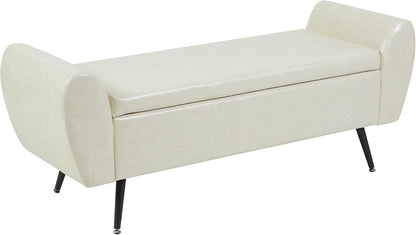 Faux Leather Storage Bench for Bedroom, Extra Long Bench for King Size Bed, Modern Upholstered End of Bed Ottoman Bench with Arms for Entryway Living Room (Faux Leather-Beige)