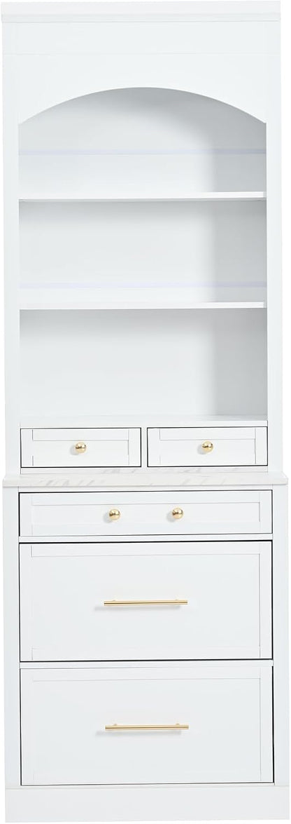 83.7" Tall Kitchen Pantry Cabinet, Freestanding Kitchen Hutch with Faux Marble Top, Pantry Storage Cabinet with 5 Drawers & Adjustable Shelf, Modern Farmhouse Cupboard for Dining Room, White