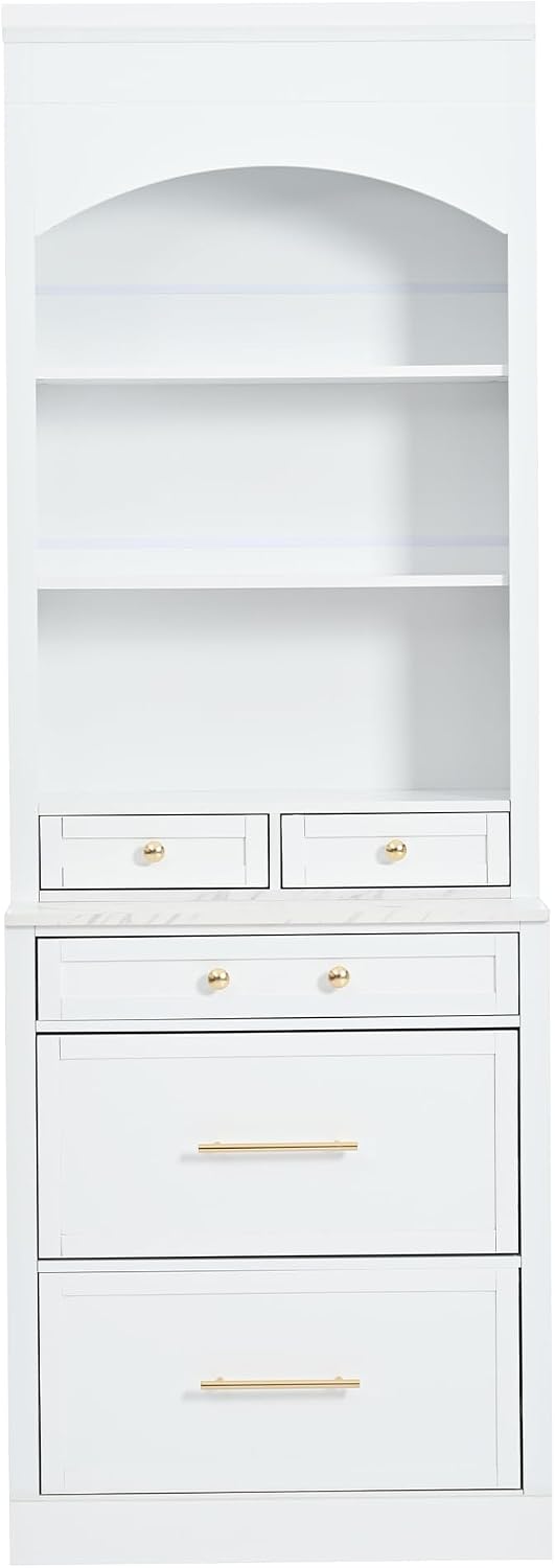 83.7" Tall Kitchen Pantry, Modern Storage Cabinet with 5 Drawers 1 Adjustable Shelf, Freestanding Kitchen Hutch with Faux Marble Top (White,1)