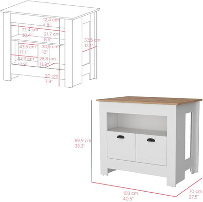 Kitchen Island Geneva, White/Macadamia with Spacious Workspace and Ample | 40.5" x 27.5" Macadamia countertop with ample storage and engineered wood frame