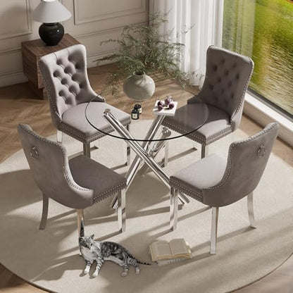 Modern Silver Round Glass Dining Table Set for 4, 36'' Luxury Minimalist Circle Dinette Room Set, 5 PCS Clear Circular Glass Top Kitchen Set, Grey High-end Tufted Chairs, for Small Place