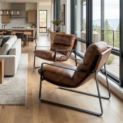 LukeAlon Set of 2 Modern PU Leather Accent Armchair, Retro Brown | Pu Leather Upholstered Living Room Chair With Metal Base & Thickened Cushion
