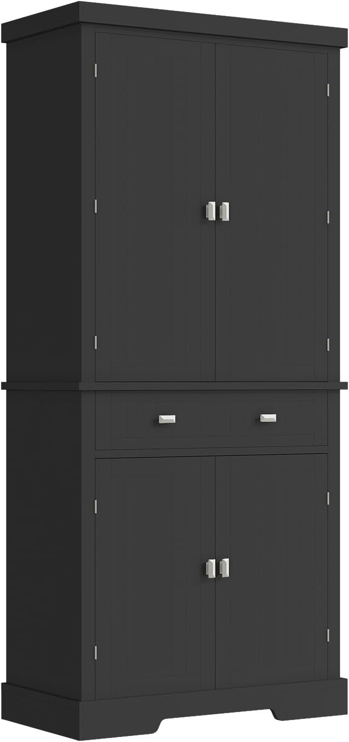 72" Kitchen Pantry Storage Cabinet, Utility Freestanding Food Pantry with 2 Drawer & 6 Door Shelves, Modern Wood Tall Cupboard with 4 Adjustable Shelves for Dining Room, Living Room, Kitchen,Black