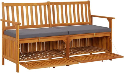 Outdoor Storage Bench with Cushion 58.3 inch Solid Acacia Wood Patio Entryway Seating with Hidden Compartment for Garden Deck Hallway Gray