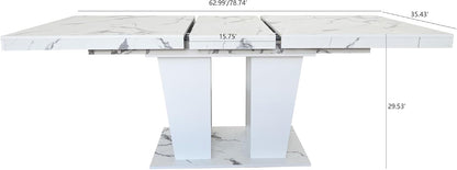 78.74" Extendable Dining Room Table for 6-10 Modern Faux Marble Wooden Expandable Kitchen Table Pedestal Base,Large Rectangle Dining Table,White