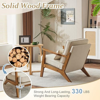 VINGLI Solid Wood Wide Armrests Accent Chair,Upholstered Mid Century Modern Chair with Pillow,Comfy Reading Chair Farmhouse Arm Chair,Chairs Living Room,Bedroom,Guest Room,Linen Fabric,Beige