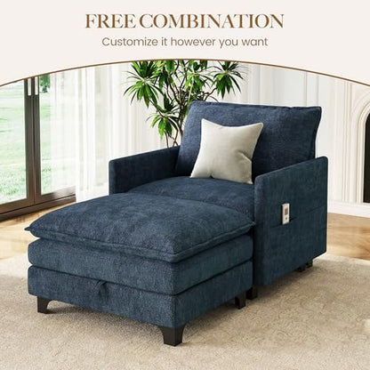 Accent Sofa Chair with Storage Ottoman, Cloud Sigle Couch with Side Pocket for Living Room, Bedroom and Apartment, Navy Blue
