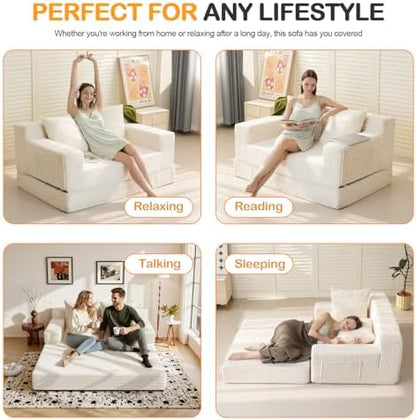 Erament Convertible Sofa Bed, Loveseat Folding Floor Futon Sleeper Sofa Couch Bed Foldable Couch, Corduroy Pull Out Sofa Bed with 2 Pillows for Living Room & Bedroom