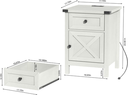 Farmhouse Nightstand with Charging Station, White Side Table, Rustic End Table with Barn Door and Drawer, Rustic Floating Nightstands Modern Bed Side Table Night Stand for Bedroom and Living Room