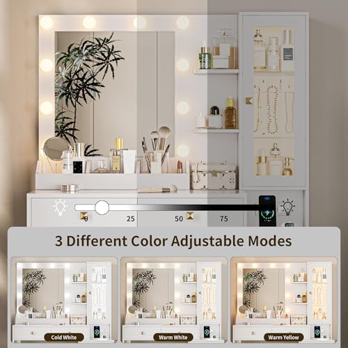HUANLEGO Vanity Desk with Mirror and Lights, White Makeup Vanity Mirror with Lights Desk with 5 Drawers, Jewelry Organizer& LED Glass Cabinet, 3 Light Mode Dressing Table Set for Girls, Women