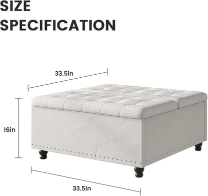 FUXA 35" Large Square Ottoman with Storage and Lift Top, Wood Legs, Beige | Oversized Coffee Table, Tufted Upholstered Bench, Sturdy Construction, for Living Room