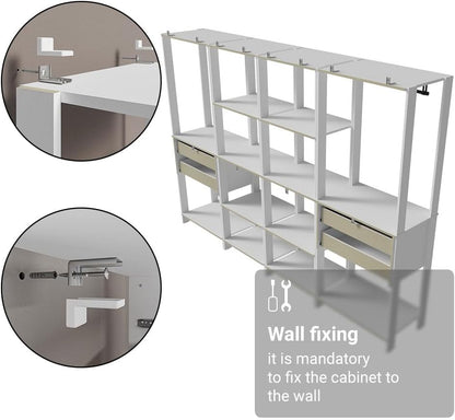 Madesa Kitchen Pantry Storage Rack with 4 Drawers, Open Shelves and Hanging Spaces 102" L Multiuse Modular Cabinet for Kitchen Organization - White