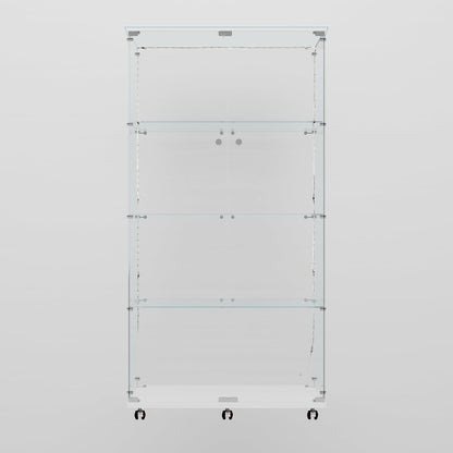 Glass Display Cabinet with LED Light Strip, 4 Shelves with 2 Doors, Glass Top Curio Storage Cabinets with Lock & Caster for Living Room,Floor Standing Bookshelf, Quick Installation - White