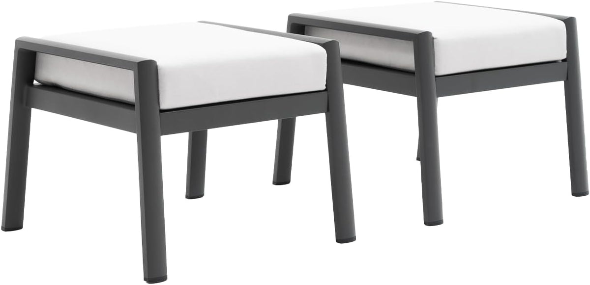 Outdoor Patio Ottoman Set of 2 Outdoor Footrests for Patio Outdoor Aluminum Ottomans and Footstools with Grey Cushions, Dark Grey Frame