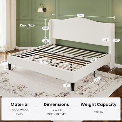 HA CERLIN King Size Bed Frame with Curved Wingback Headboard,Soft White