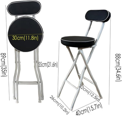 Portable Folding Stool, Non-Slip Feet, Kitchen Folding Stool with Backrest, Padded, Folding Round Stool for Adults Kitchen Garden Bathroom(Black+White,55cm/22in)