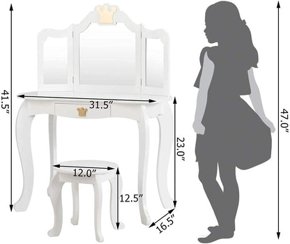 HONEY JOY Kids Vanity, Crown Themed Toddler Dressing Makeup Table and Chair Set w/Drawer & Tri-Folding Mirror, Detachable Mirror, Princess Pretend Play Girls Vanity Set with Mirror and Stool(White)
