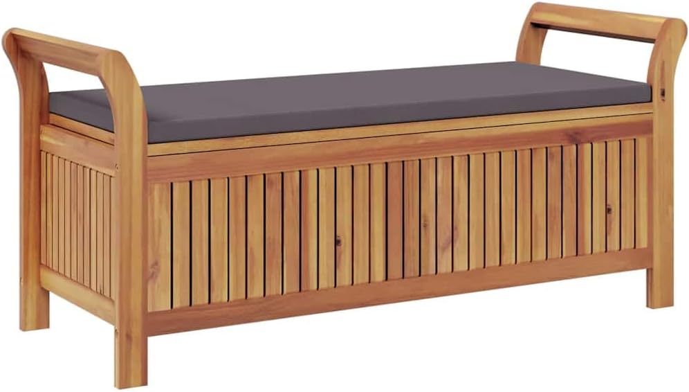 Outdoor Storage Bench with Cushion 49.6 Inch Acacia Wood Garden Seating Organizer for Patio Deck Backyard Gray