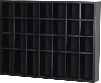 Black Shot Glass Display Case 18" x13" Solid Wood Wall Mounted Collection Cabinet 28 Slots Small Curio Cabinet Rack (No Door)
