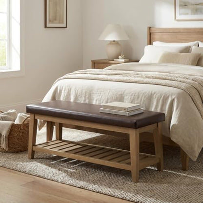 HUIMO Entryway Shoe Bench with Cushion, End of Bed Bench,Upholstered Bench for Kitchen, Bench with Solid Wood Shelf, Leather Ottoman Bench for Hallway, Living Room (PU-Brown)
