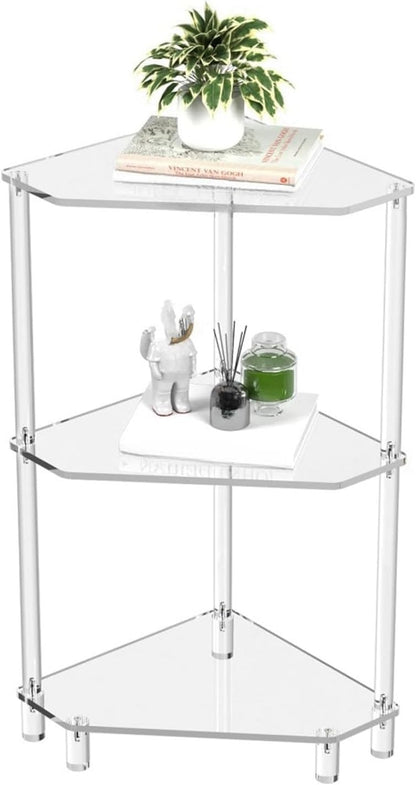 65cm / 25.6in Clear Acrylic Triangle End Table,3 Tier Acrylic Corner Side Table with Tempered Glass Shelfr,for Living Room Bedroom, Corner Display Rack Storage