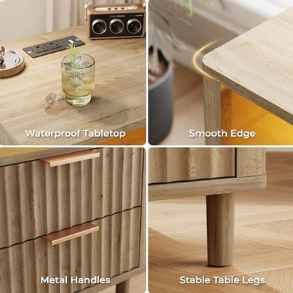 Fluted Nightstand with Charging Station, 2 Drawers Oak