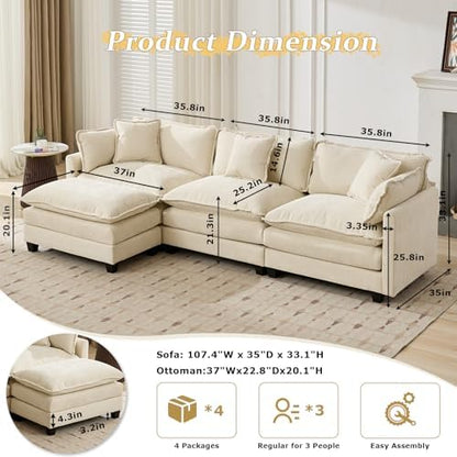SoarFlash 113.78" Chenille L Shaped Modular Sofa with Ottoman,Beige