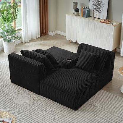Eafurn Oversized Double Chaise Lounge Indoor with Cup Holders & Side Pocket, 71" Plush Corduroy Floor Chaise Lounge Sofa with High Density Sponge & Deep High Seat Comfy Sleeper Couch Bed