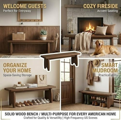 Solid Wood Bench, 24" 31" 35" 39" 47" 59" Rustic Entryway Bench, Narrow End of Bed Bench for Bedroom, Farmhouse Dining Bench for Kitchen, Living Room, Hallway, Easy Assembly