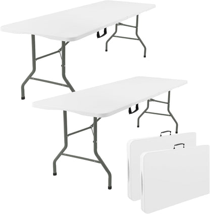 Fivenl 2 Pack 6 Feet Portable Folding Table White, Steel Legs Fold-in-Half with Carrying Handle Rectangular Plastic Foldable Table for Party, Wedding, Camping, Picnic, Dining, Indoor Outdoor Events