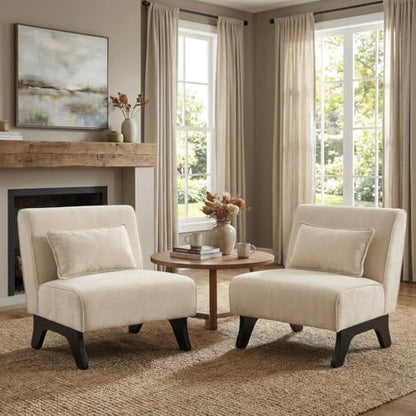 Armless Accent Chairs Set of 2 Upholstered Living Room Side Chairs | Comfy Small Accent Lounge Chair with Pillow Accent Chair for Living Room Bedroom Farmhouse Reading Beige 2PCS